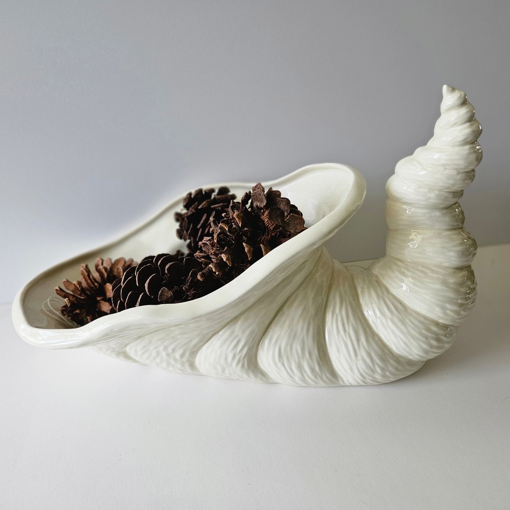 Thanksgiving Harvest Cornucopia Centerpiece Decor Handmade Ceramic Glazed White